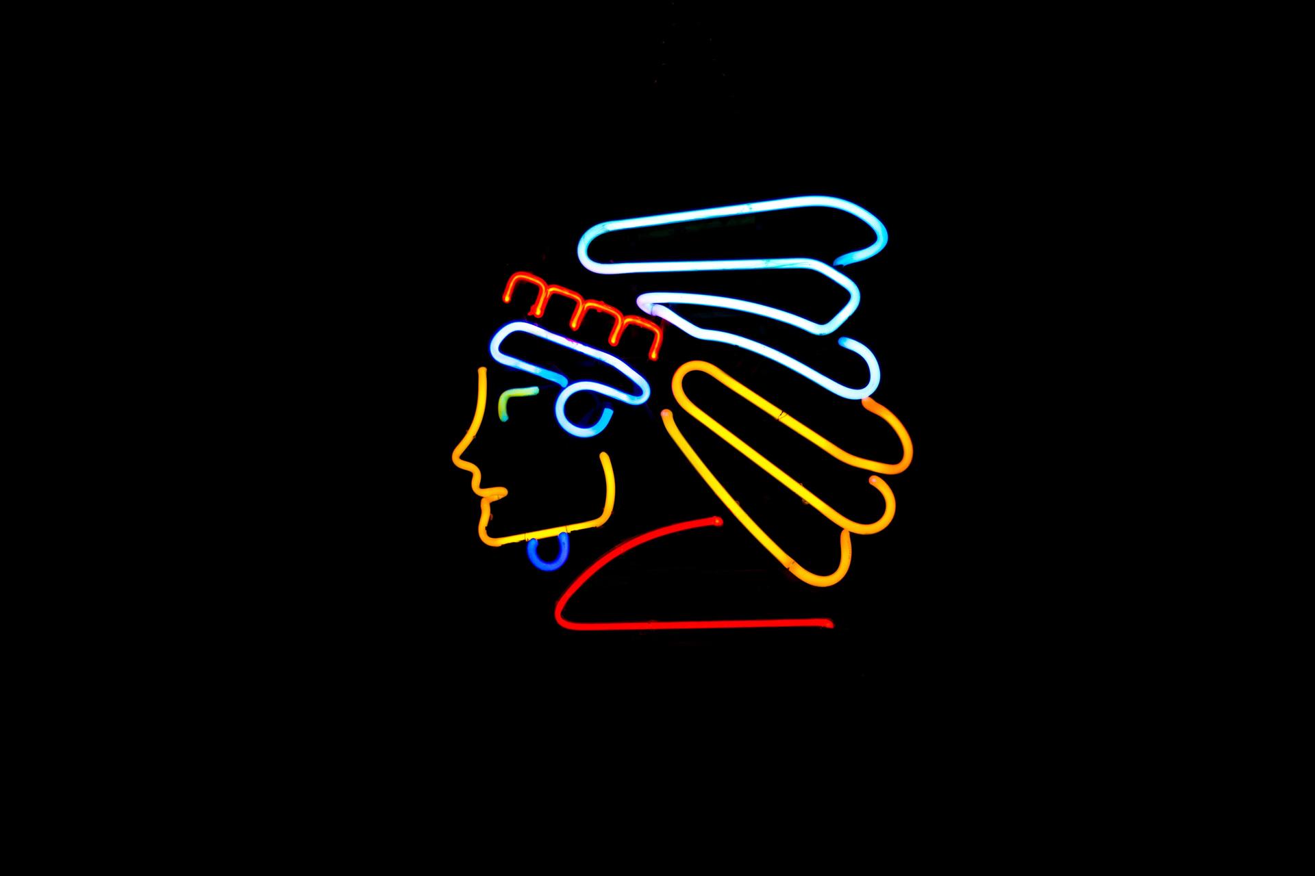 Vintage Neon Sign: Native American (Black Background, Copy Space)
